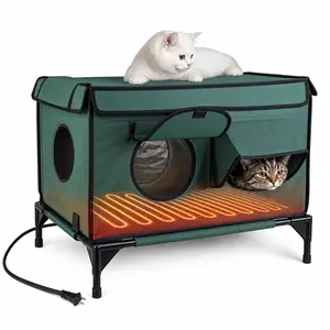 CutiePawsome Wooden Heated Cat House - Waterproof, Windproof, Rainproof Insulated Outdoor Shelter with 2 Doors, 3 Windows, Heating Pad, Chew-Resistant Power Cord for Stray Cats