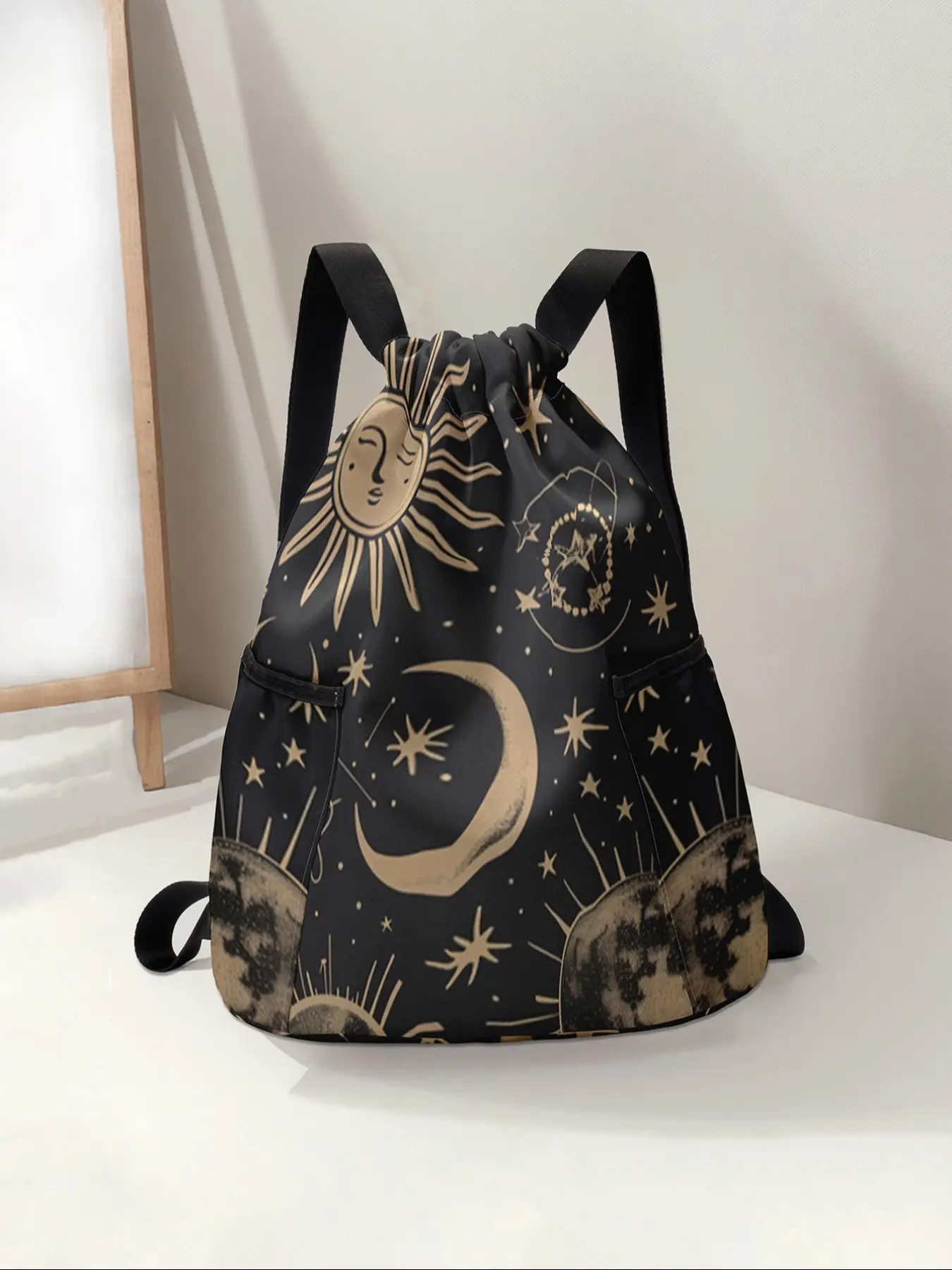 Sun Star Moon Print Drawstring Backpack, Large Capacity Durable Fitness, Adjustable Shoulder Straps, Unisex Travel Hiking Camping, Multifunctional Sports Bag, Casual Sports Bag, Outdoor Sports Bag