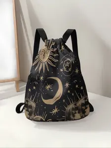 Sun Star Moon Print Drawstring Backpack, Large Capacity Durable Fitness, Adjustable Shoulder Straps, Unisex Travel Hiking Camping, Multifunctional Sports Bag