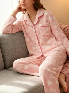 【clearance sale】Two-piece Elegant Flannel Pajamas Set for Ladies Long-sleeved Button-up Top with Cartoon Heart Print & Comfortable Pants Plush Homewear