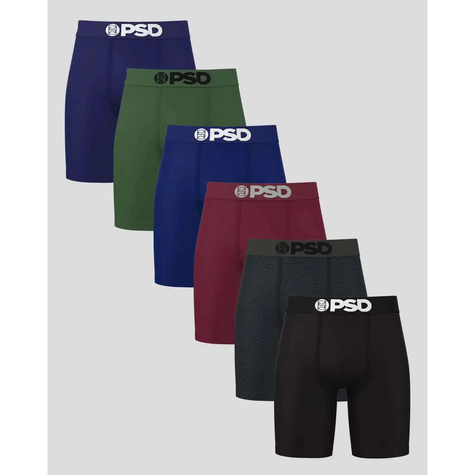 PSD Mens Solids Dark Tones Boxer Brief 6 Pack - Standard Length 7 Inch Inseam, Soft and Breathable Cotton Fabric PSD Mens Solids Dark Tones Boxer Brief 6 Pack - Standard Length 7 Inch Inseam, Soft and Breathable Cotton Fabric