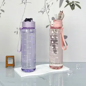Time Marked Water Cup, Outdoor Sports Clear Water Bottle with Straw, Medium Size Transparent Drinking Cup for Hydration, Portable Sports Bottle
