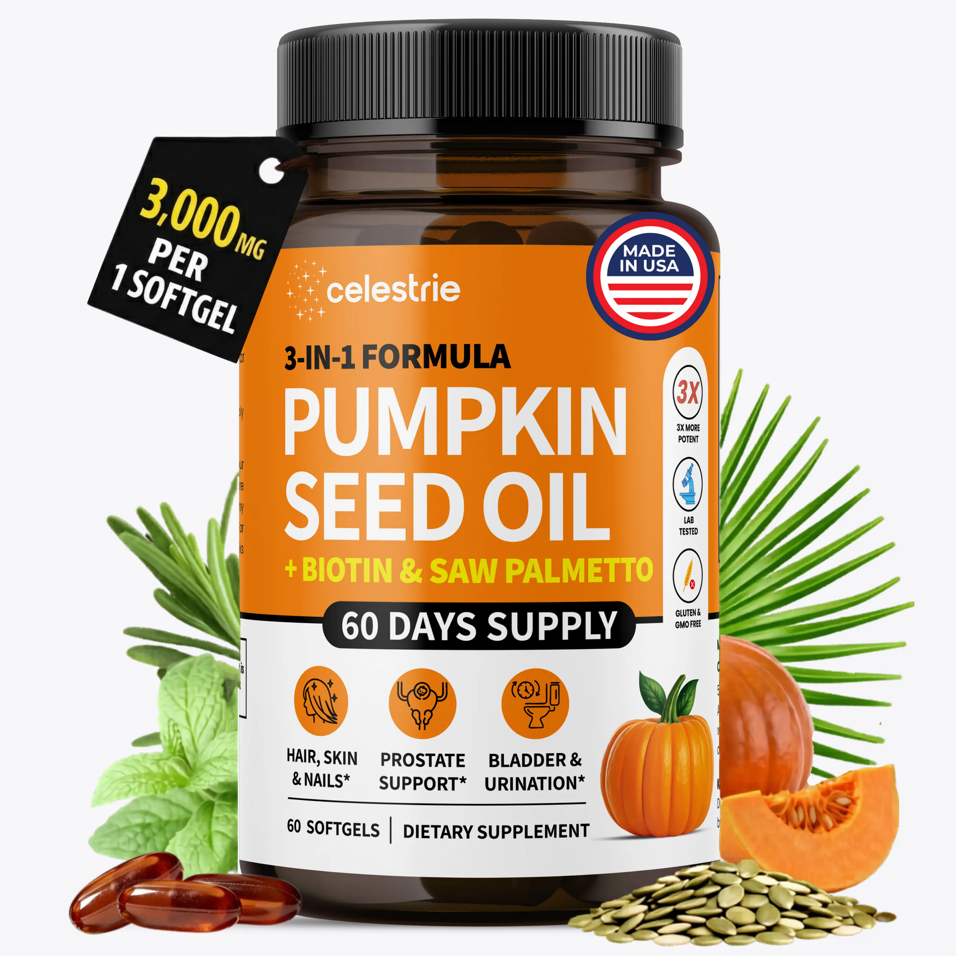Celestrie 3-in-1 Pumpkin Seed Oil Softgel Capsules with Biotin & Saw Palmetto (3000mg/softgel) for Hair Growth, Radiant Skin, Prostate, Bladder, Immune & Urinary Support - 2 Month Supply