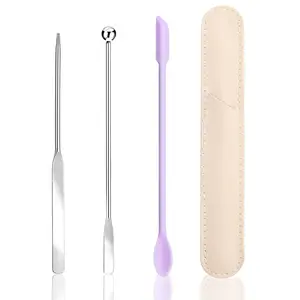 Makeup Spatula for Foundation Mixing - Stainless Steel & Silicone Cosmetic Tool for Depotting Blending and Face Application with Leather Case
