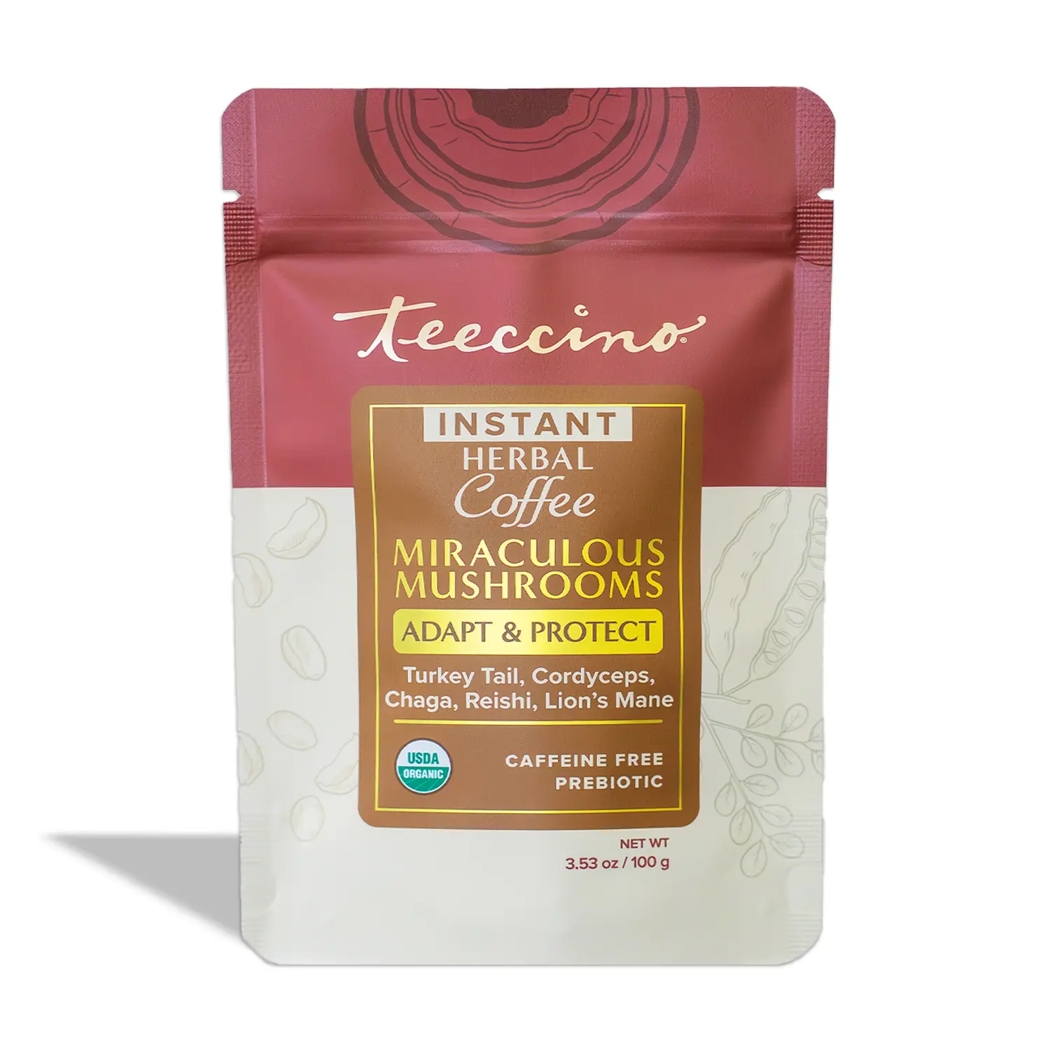Teeccino Instant Miraculous Mushrooms Herbal Coffee Adapt & Protect USDA Organic Caffeine Free Prebiotic 3.53 oz