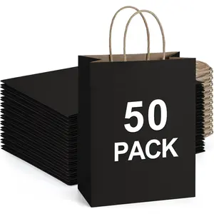 50 count  Bags 8x4.25x10.5 Inches  Paper  Bags with Handles Bulk for Shopping, Wedding, Party Favor, Merchandise, Retail, Black Paper Sacks