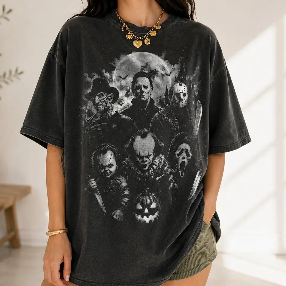Comfort Colors Classic Halloween Horror Characters Tee Vintage Halloween Graphic Shirt Spooky Season Scary Movie Top Retro