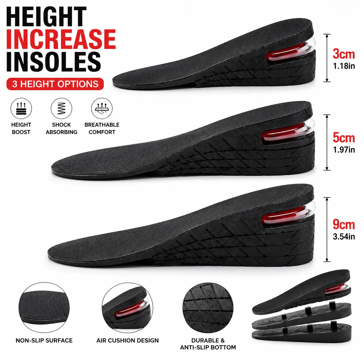 Height Increase Insoles 3cm 5cm 9cm Options Shock Absorbing Breathable Comfort Non-Slip Surface Air Cushion Design Durable Anti-Slip Bottom