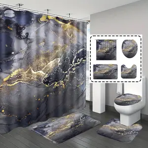 [Popular Choice]1pc/4pcs, bathroom curtains shower, bathroom set, shower curtains, bathroom rug, home decoration, bathroom mat, gray marble pattern Print, simple and luxurious theme decoration, bathroom set, with 12 hooks, Bathroom Decoration Accessories