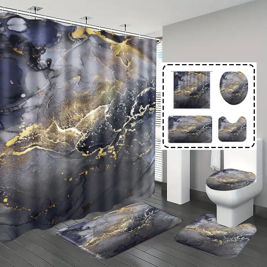 [Popular Choice]1pc/4pcs, bathroom curtains shower, bathroom set, shower curtains, bathroom rug, home decoration, bathroom mat, gray marble pattern Print, simple and luxurious theme decoration, bathroom set, with 12 hooks, Bathroom Decoration Accessories