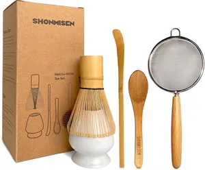 Bamboo Matcha Whisk Set -Matcha Whisk (Chasen),Whisk Holder(White),Sifter,Tea Scoop and Tea Spoon SHONMISEN