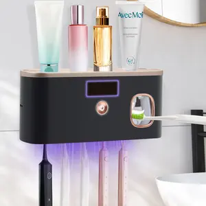 PHANCIR UV Toothbrush Holder for Bathrooms,5-Slot Wall Mount Toothbrush Sanitizer & Timing Function Wall Mounted with Toothpaste Dispenser for Electric / Regular Toothbrush Black Rose Gold