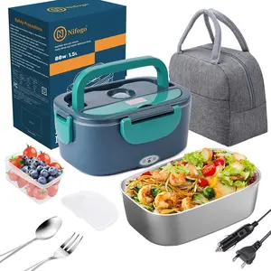 Outdoor 1.8L Portable Heated Electric Lunch Box: 12V/24V/110V Designed for outdoor working people, comes with fork, spoon and insulated bag cutlery, can be used in car