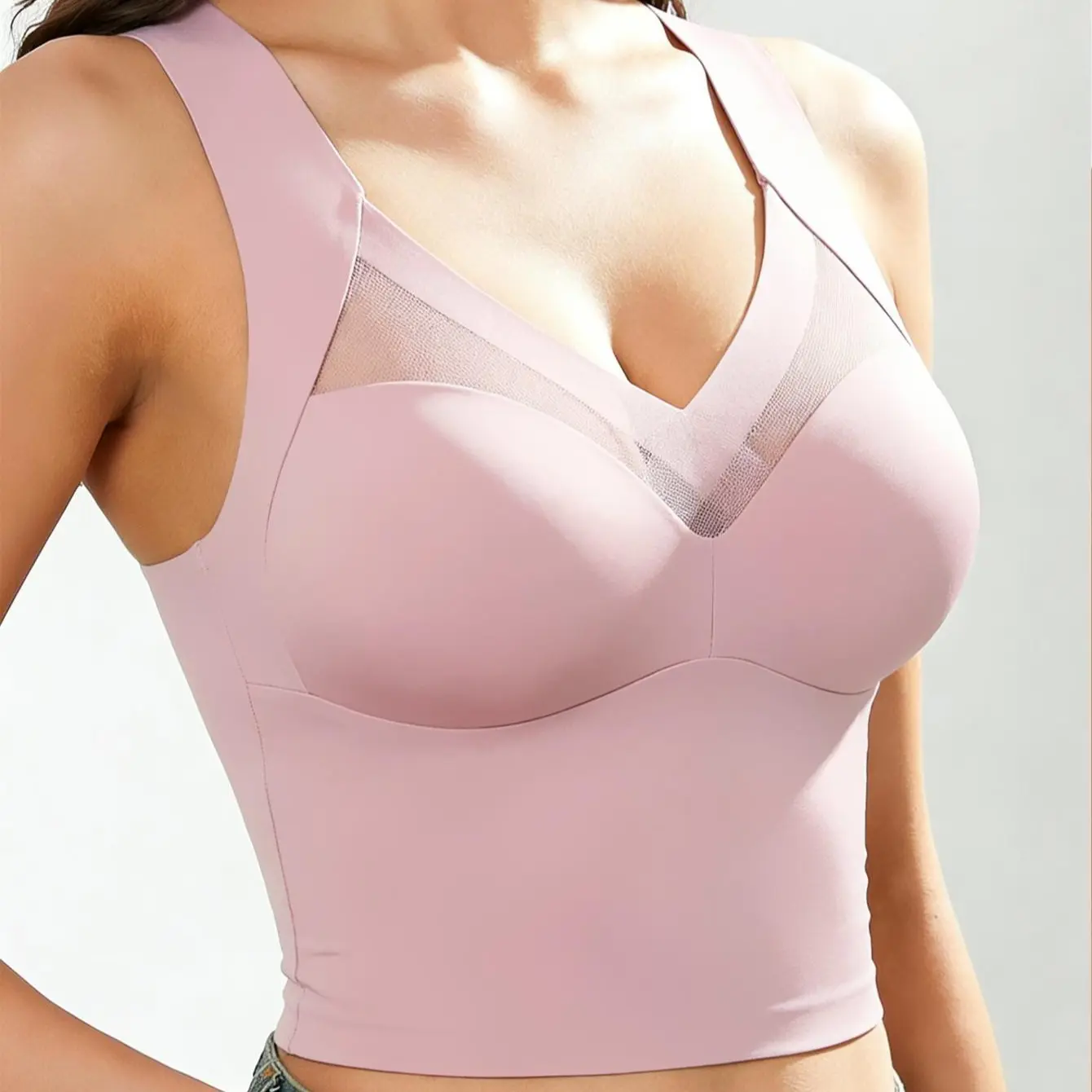 EssElegance Women's Blush Pink Wire-Free Longline Bralette Criss-Cross Mesh Neckline Soft Padded Camisole Top Wide Shoulder Straps Low Impact Yoga Sports Bra Cozy Sleep Lingerie Sweet Romantic Everyday Wear