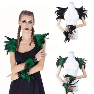 Christmas Green Lace Feather Shawl Cuff Set - Black Gothic Style Dress Up Ball Props with Feather Wings for Mysterious Black Gothic Style