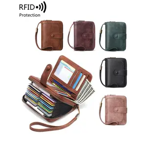 RFID anti-theft brush short wallet, large capacity retro organ style card bag, with zipper and wristband design, multi slot credit card bag, male and female multi-functional zipper wallet, suitable for daily travel use, ideal gift, Mother's Day gift summe