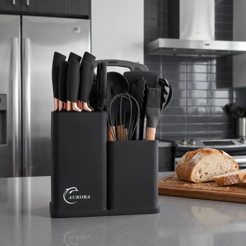 19-piece kitchen  set paired with asilicone utensil set-professional,nonstickpan spatula and stir-frying spatula; essentialfor home cooking.