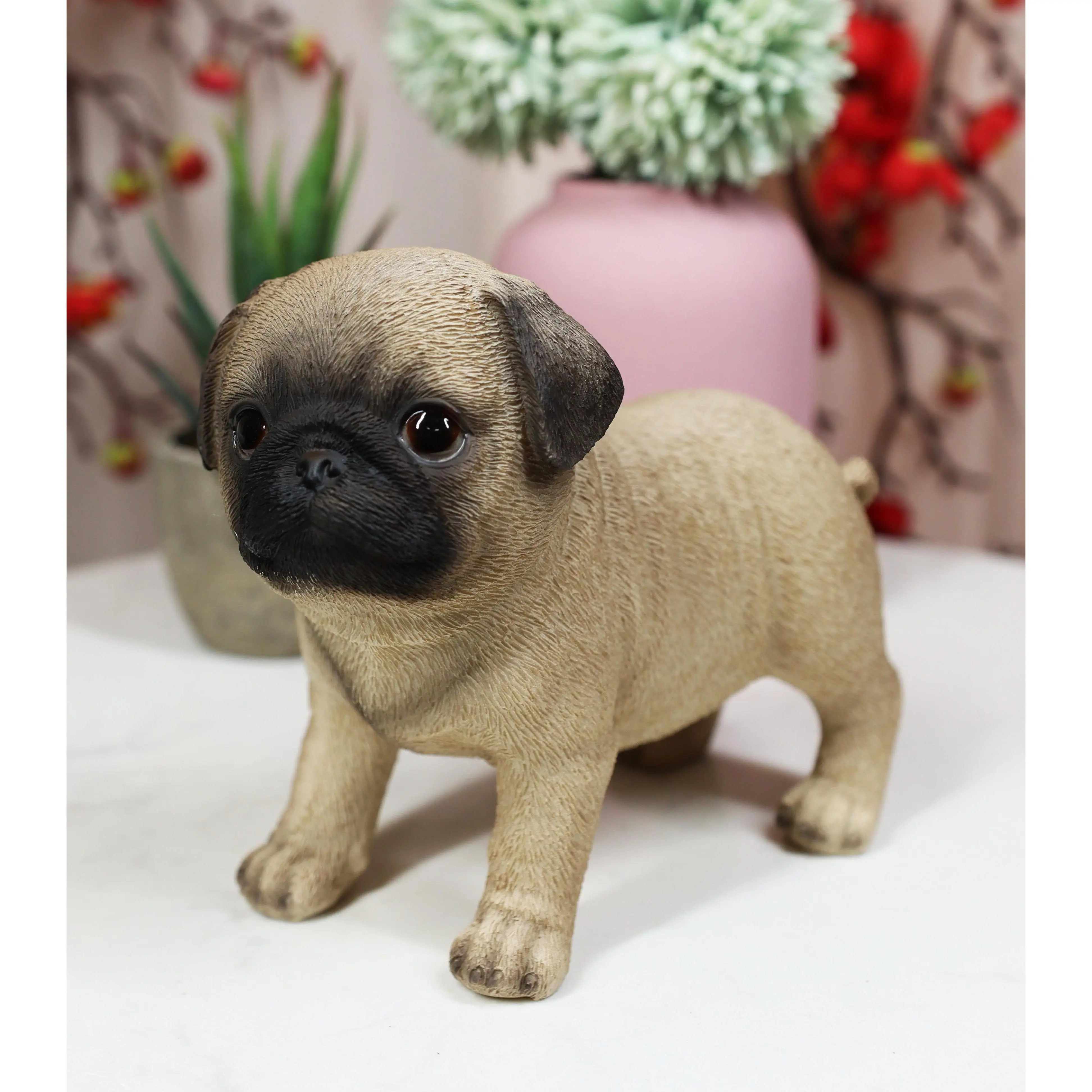 Ebros Realistic Fawn Pug Puppy Dog Statue, 5"L Home Decor Ornament, Glass Accent Pet Figurine for Gift (Home Supplies Decor Piece)