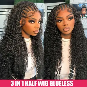 [3 IN 1 Half Wig] Kinky Curly Half Wig 180% Density Remy Hair Curly Wigs Human Hair No Lace No Glue Upgrade Glueless Clip In Half Wigs For Women Ready to Wear