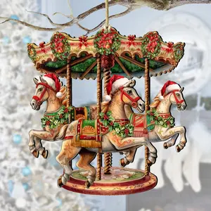 Designocracy  5 x 5.5 x 0.25 in. Christmas Carousel Wooden Christmas Decor Ornaments