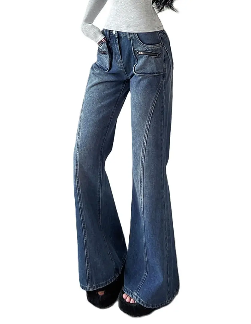 EMMIOL Mid-Low Rise Flare Jeans for Women, Y2K Baggy Boot Cut Flared Bootcut Wide Leg Womens Denim Pants Stretch