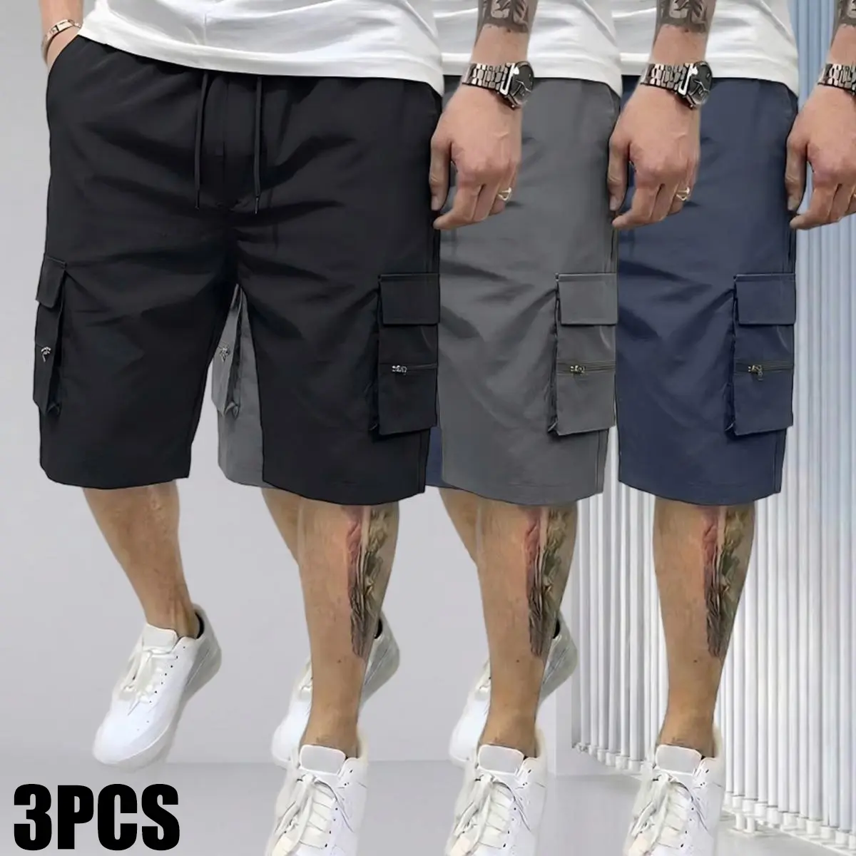 Men’s Cargo Shorts – 3-Pack, Adjustable Drawstring, Casual Style, Multiple Pockets, Polyester, Solid Colors: Navy Blue/Military Green, Dark Gray, Black; Outdoor Sports Casual Knee-Length Shorts