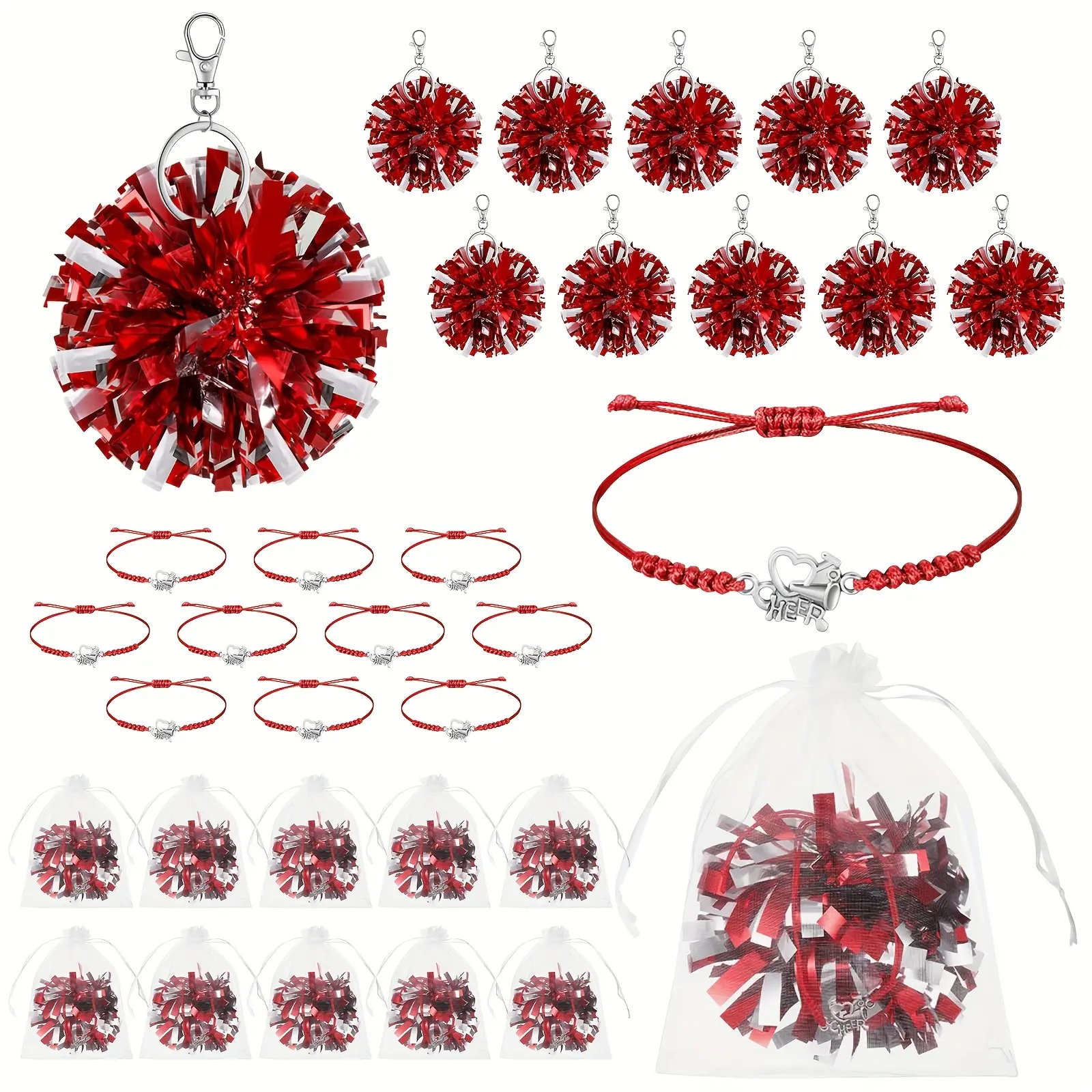 Cheerleader Gift Packs 10 Bulk Packs with Pom-Pom Keychains Cheer Bracelets Organza Bags for Team Spirit Dance Recitals Cheer Competitions Bulk Order for Women Heart