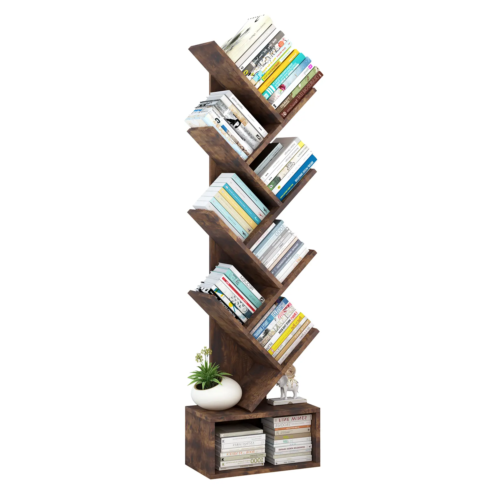 8 Tier Tree Bookshelf with Storage Drawer, Floor Standing Modern Bookcase Display Rack for Living Room Bedroom Home Office, Space Saving Wooden Tiered Shelf with Anti Falling Kit, Rustic Tree Shaped Bookcase Organizer