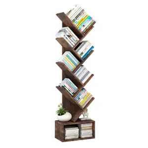 8 Tier Tree Bookshelf with Storage Drawer, Floor Standing Modern Bookcase Display Rack for Living Room Bedroom Home Office, Space Saving Wooden Tiered Shelf with Anti Falling Kit, Rustic Tree Shaped Bookcase Organizer