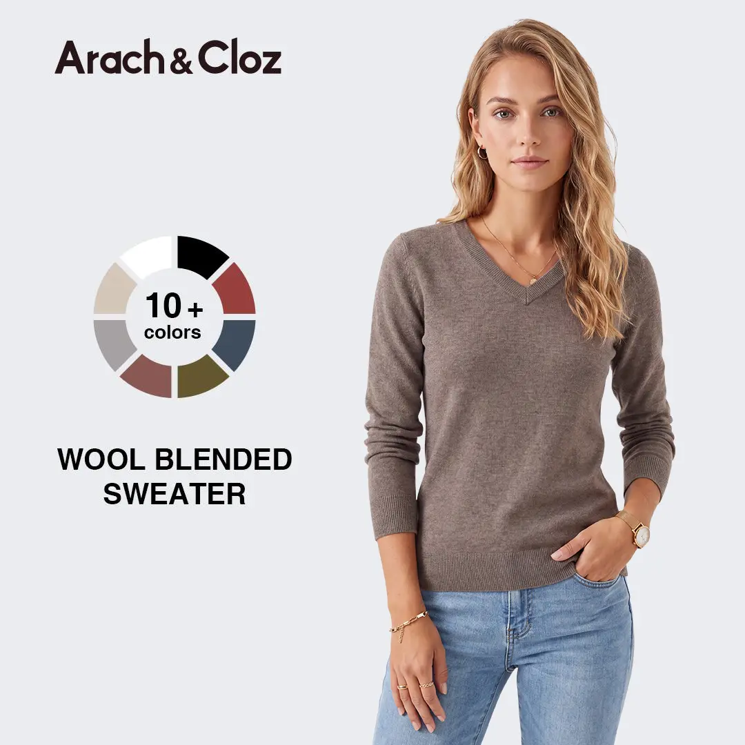 Arach&Cloz 2026 Womens Wool Blend Sweater Soft V Neck Long Sleeve Spring Fashion Pullover Tops Business Casual Outfits SummerVibes
