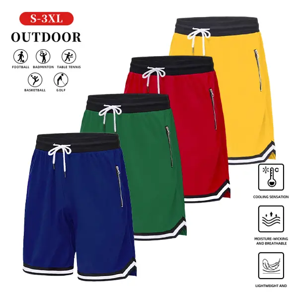 Men's Athletic Gym Shorts in 100% Polyester Mesh, Loose-Fit Quick-Drying Design with Zipper Pockets, Stretchy Above-Knee Cut