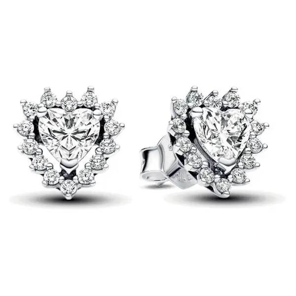 Pandora Silver Sparkling Heart Halo Stud Earrings 293097C01, Cubic Zirconia, Unisex Love Gift, Romantic Modern Jewelry Accessory, No Warning Applicable
