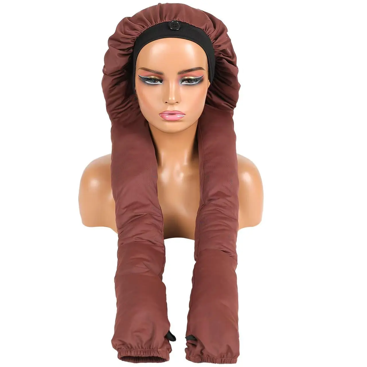 Women’s sleep cap with high elasticity, long braided design, messy braided look, tie-on hair cap, ice silk fabric, adjustable pullover cap