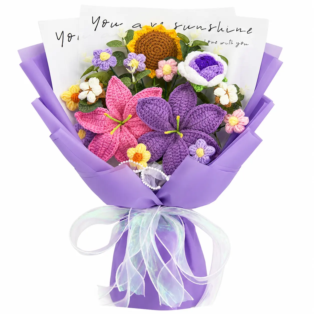 Handmade Crochet Flowers Bouquet Gift for Girlfriend Birthday Wedding Anniversary Just Because Graduation Gift 14 Flowers & Eucalyptus Forever Flowers Eco Friendly Yarn Bouquet for Her with Greeting Card Home Decor US Fast Shipping