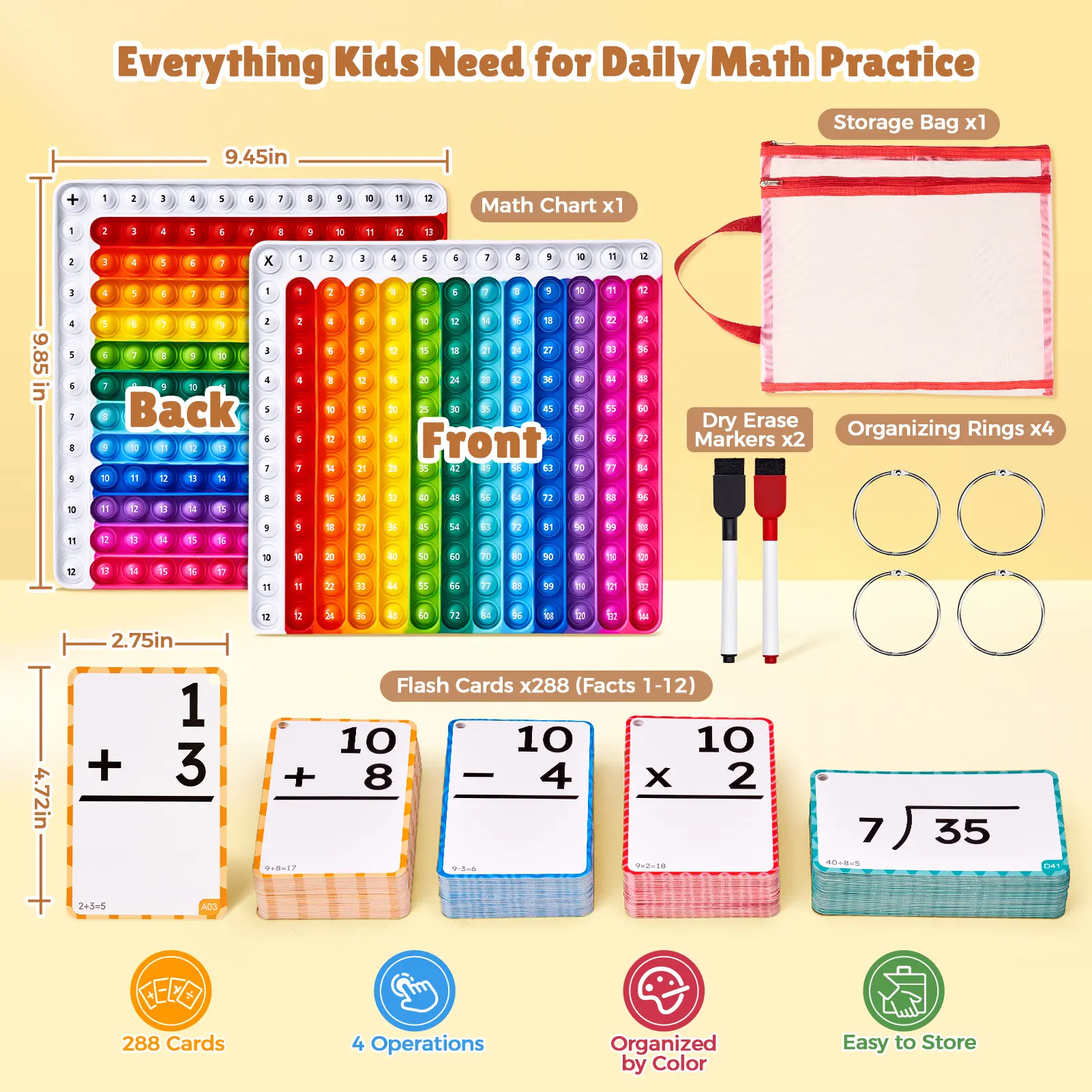 JoyCat Math Flash Cards & 4-in-1 Double-Sided Pop Chart - Write & Wipe Teaching Aid, Interactive Game Playful Sensory Screen-Free Maths Toys, Arithmetic Manipulative for Kids Ages 4-8 (Homeschool, Classroom), Math Teaching Aid