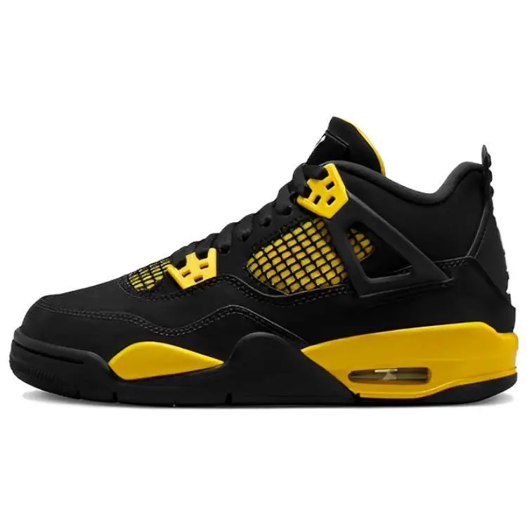 Jordan 4 Retro Thunder 2023 Kids' Mid Top Lace Up Basketball Shoes, Black Tour Yellow, Mesh Panel, Rubber Sole, Style 408452-017
