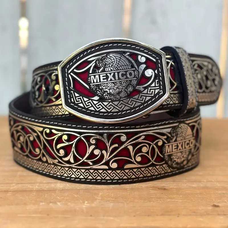 Silver “Mexico” Laser Cut Leather Belt with Metal Buckle