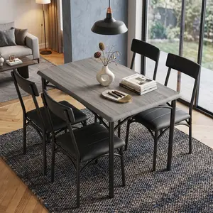 5 Piece Grey Dining Table Set for 4, Rectangular MDF&amp; Solid Metal Frame Kitchen Table, Soft Padded Upholstered Chairs, Stable Wear Resistant Easy Assembly Dinette, Space Saving Modern Home Furniture for Small Space Apartment Dining Room