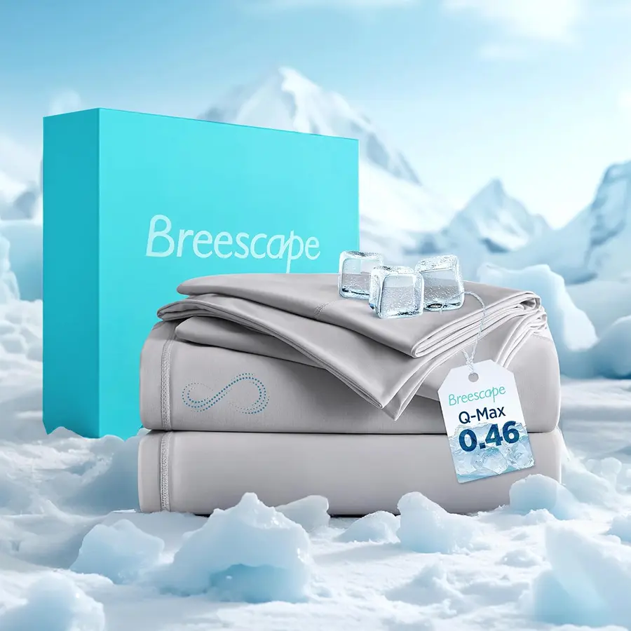 [ Back To School ] Breescape 4-Piece Cooling Sheet Set with Flat Sheet, Deep Pocket Fitted Sheet, 2 Pillowcases - BlendTek Dry & Cool Technology, Q-Max > 0.46 for Hot Sleepers