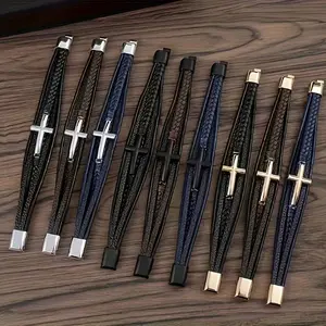 1 piece of a fashionable and retro leather bracelet with an alloy cross accessory and a magnetic buckle, suitable for men's daily wear.