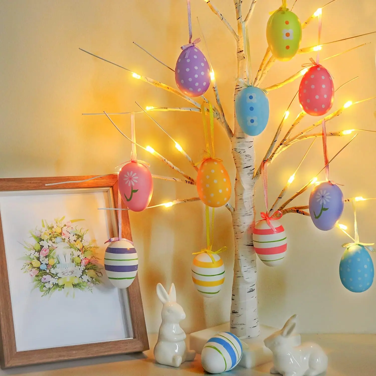 23.2" Lighted Birch Tree with 12pcs Colored Egg Ornaments  Easter Table Decor Lights Kids School Party Supplies Gifts Spring Decorations for Home