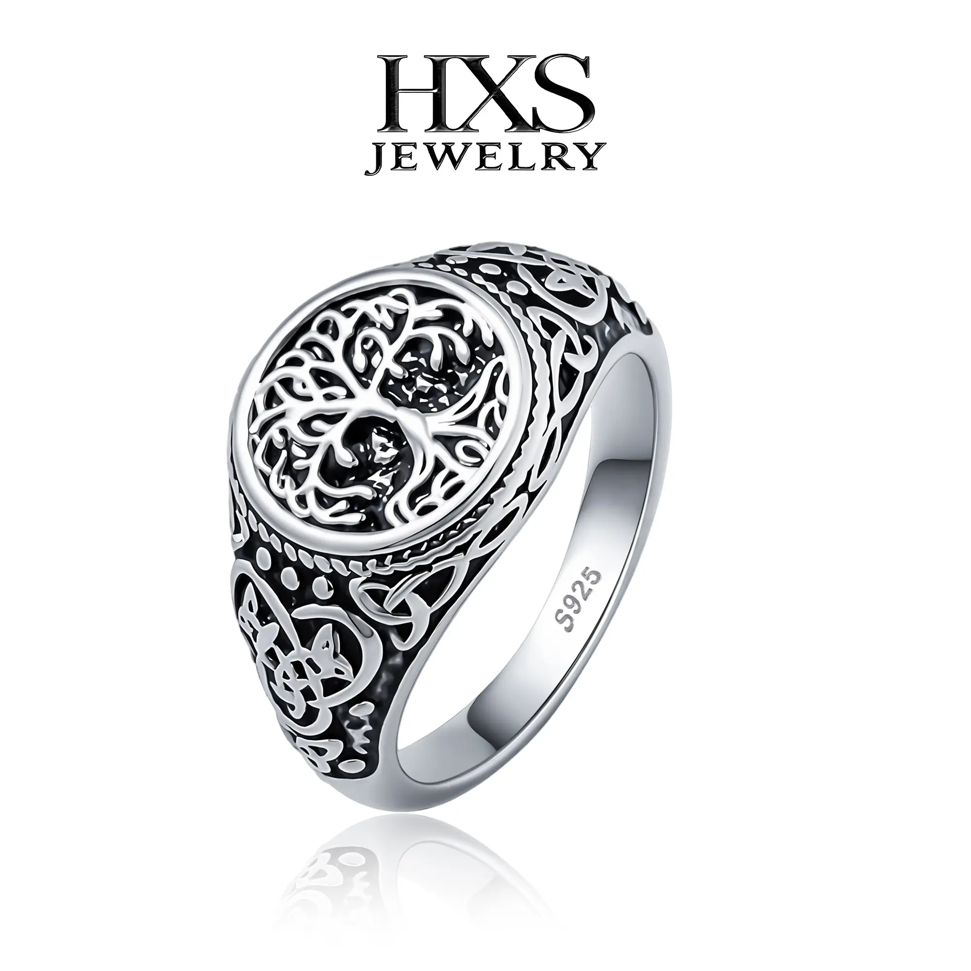 S925 Sterling Silver Tree of Life Celtic Heritage Knot Signet Ring - Antique Oxidized Wide Band, Intricate Symbolic Motifs, Elegant Norse Artificial Gemstone Ring for Adults, Daily Wear Gift