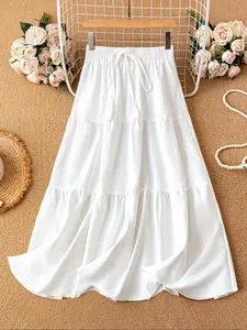 Women's Ruffled Plain Long Fitted Skirt, Simple Versatile Casual Daily Commute Wear, Suitable for All Seasons, Perfect for Everyday Use