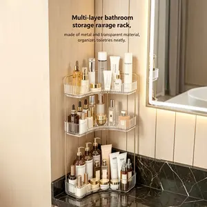 Large Capacity 3-Tier Bathroom Skincare Organizer, Clear Acrylic Corner Storage Shelf with Gold Metal Stand, Multi-Layer Toiletry Rack for Serum, Lotion, Cream & Perfume, 90° Countertop Display Holder