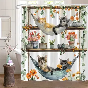 1 piece of cute cat hammock shower curtain with 12 hook shower curtains, machine wash, easy to install home accessories, art home decor, bathroom home decor shower curtains, all season, Bathroom Decoration Accessories, Bathroom Accessory
