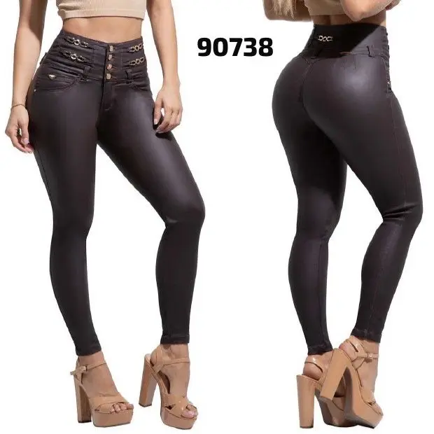 Women's Casual Brown W90-738 Colombian Jeans with Leather Effect