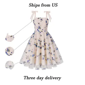 wedding dress Women's Blue Floral Tulle Dress with Embroidery Bow-Tie Straps Fitted Retro Cocktail Tea Bridal Cardigan Spring Formal Wear Sleeveless Elegant Feminine Mesh Sheer Vibe Vintage Apricot Halter Party Dress Womenswear Embroidered Fashion