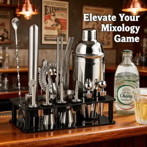Complete Bartender Set, Stainless Steel Cocktail Tools, Wooden/acrylic Base, Martini Shaker, Party Full Kit, Home Bar, Gift, Self-Use