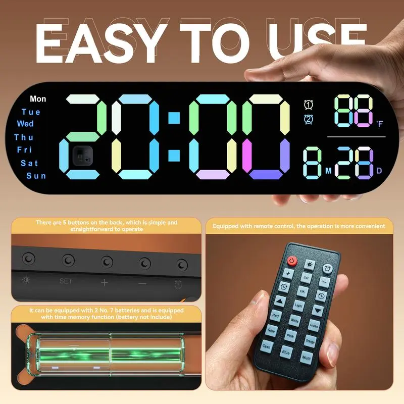 Easy-to-Use Remote-Controlled RGB Digital Wall Clock 13.7-inch LED Alarm Clock with Countdown Timer Dual Time Mode Brightness Adjustment for Wall Hanging & Desktop Use