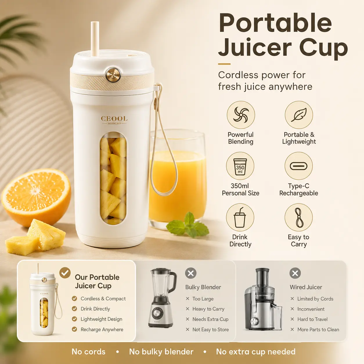 Portable Blender Cup, 350ml Rechargeable Juicer Cup with 6 Blades, Cordless Personal Smoothie Maker for Juice, Shakes, Travel, Gym & Office